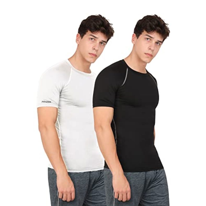 Wmx Unisex Half Sleeve Compression Top Sports Slim Fit T-Shirt (M, P.White/Black(Pack Of 2))