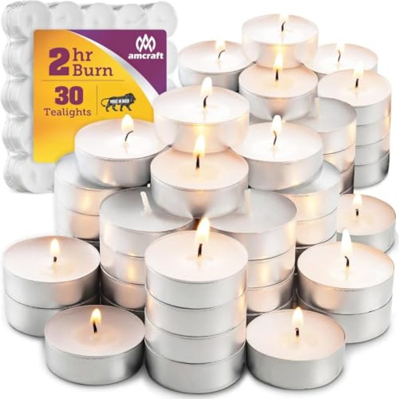 Amcraft Wax Tealight Candles 30 Pcs For Home Decor, Offices & Other Occasions, Smokeless, No Residue, 3-Hour Burn Time, Unscented