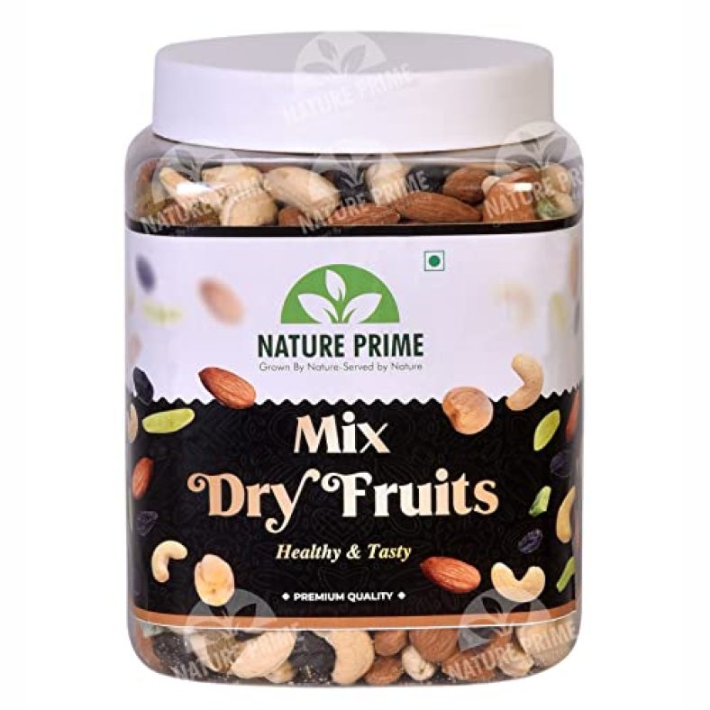 Nature Prime 100% Natural Premium Mix Dry Fruits 1Kg With Almonds | Cashew | Kishmish | Apricot | Black Raisins | Dried Kiwi | Nuts And Dry Fruits 1 Kg (Jar Pack)