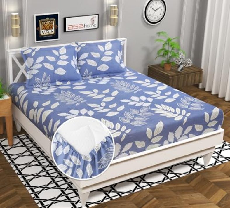 Homekart Premium Cotton 160Tc Elastic Fitted Bedsheets With 2 Pillow Covers | Double Bed With Corner Elastic Wrinkelfree Supersoft Floral Pattren Breathable |Size-72 X 68 + 6 Inches | Sky Blue & White