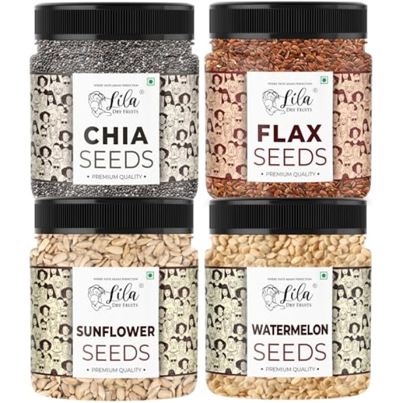 Lila Dry Fruits Seeds Combo Chia, Flax, Sunflower & Watermelon Seeds 250 Gms Each | 100% Natural, Gluten-Free Healthy Seeds For Eating | High In Fiber & Protein | Perfect For Gifting | 1 Kg