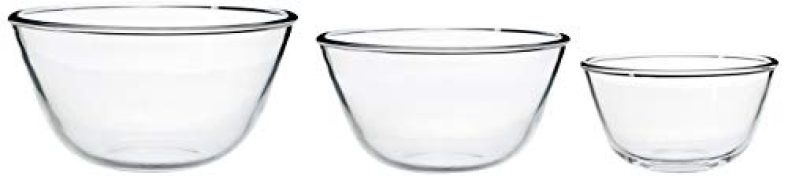 Amazon Brand – Solimo Mixing/Serving Borosilicate Glass Solid Bowl Set (3 Pieces, 1600Ml, 1100Ml, 550Ml), Transparent
