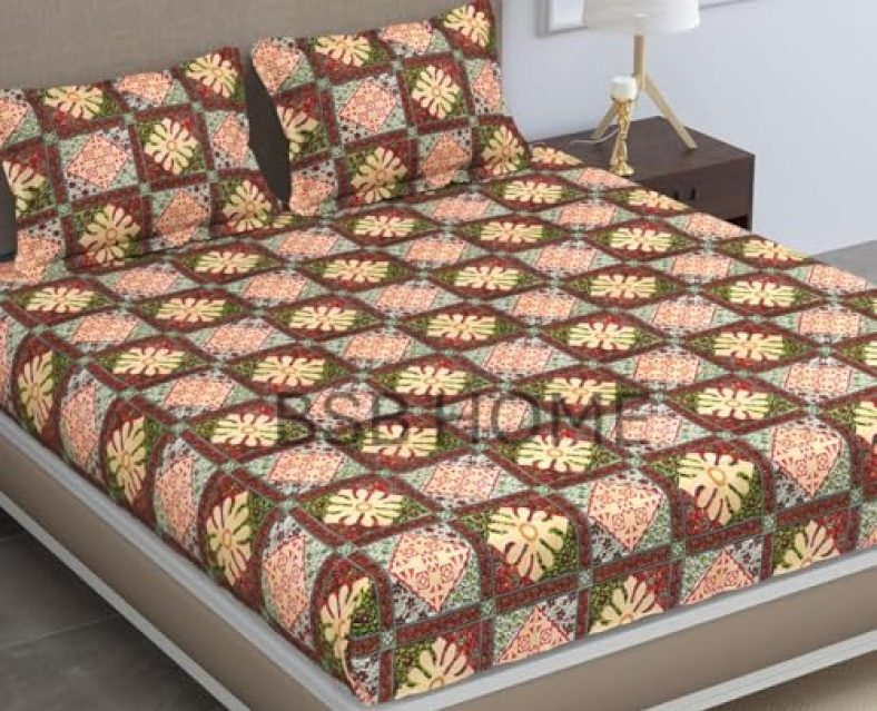 Bsb Home Pure Microfiber Jaipuri Rajasthani Print Bedsheet For Double With 2 Pillow Covers 144Tc Breathable Wrinklfree Color – Beige & Green