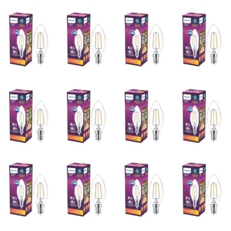 Philips E14 Clear Candle 400-Lumen Decorative Wall Lights (4W, Pack Of 12, Warm White)