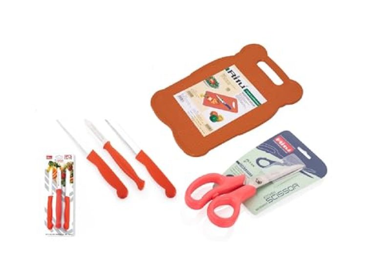 Ritu Chopping Board Wooden No.1 & 3 Pcs Knife Set & Multipurpose Kitchen Scissor