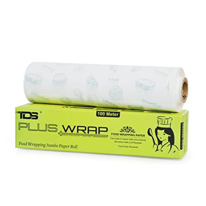 Tds Plus Wrap Printed Butter Paper For Food Wrapping White Printed (100 Meter) Water & Grease Resistant Biodegradable Parchment Roll Non-Stick Re-Heatable Oven Safe Roll Foodsafe Packing & Serving