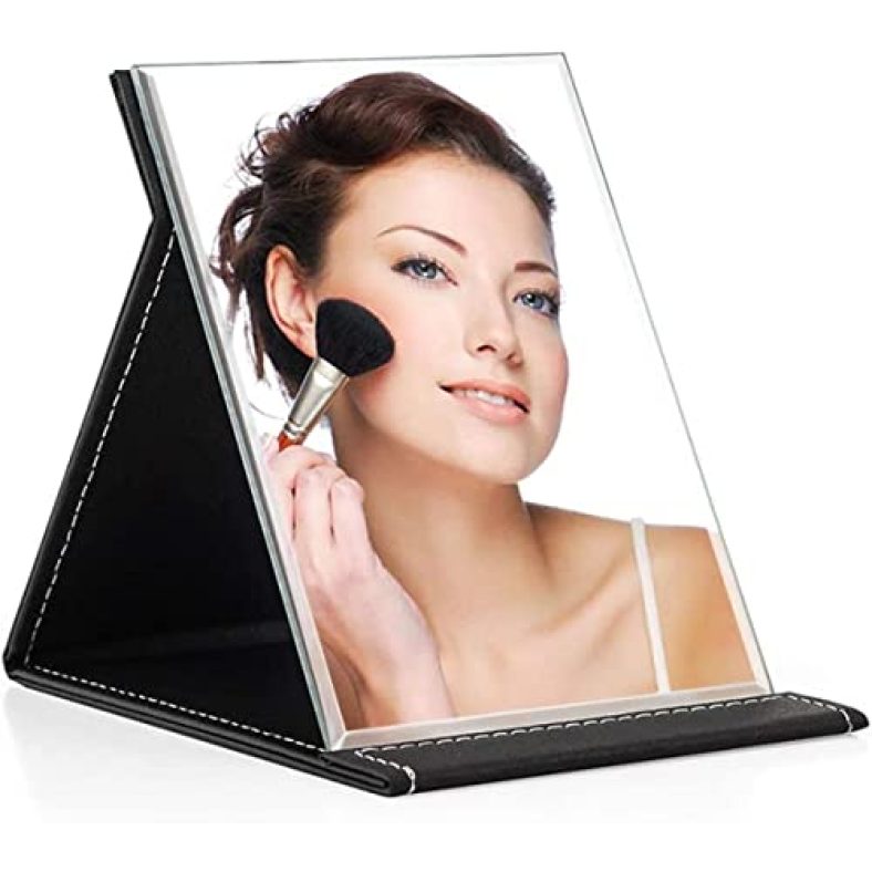 Velinex® Foldable Makeup Mirror, Compact Size Frameless Portable Vanity Leather Mirror With Stand, Rectangular (Black-Pack Of 1)