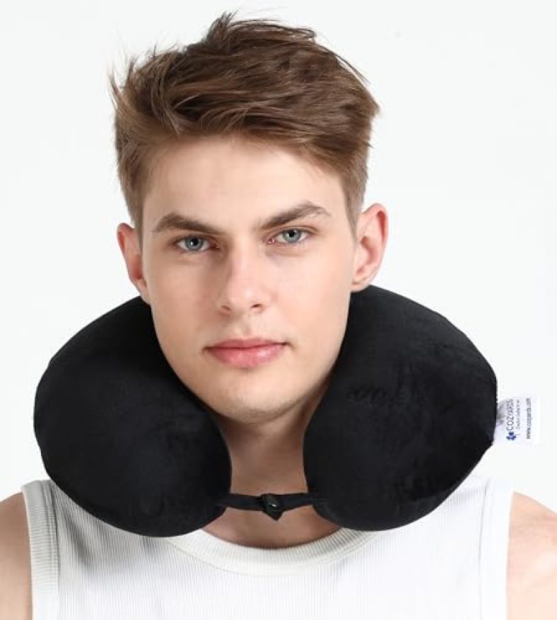 Cozyards Memory Foam Neck Rest Pillow For Travel, 1 Year Brand Warranty, Premium Velvet Cover For Superior Comfort & Neck Support, For Flight, Train, Bus, Car Rides Or Home Use – Onyx Black