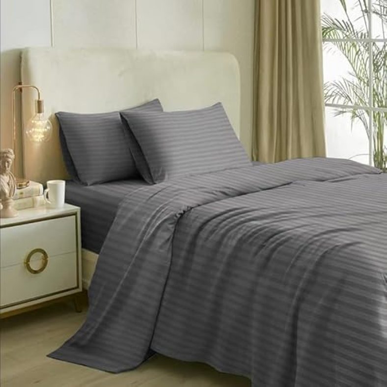 Naksh Queen Size Bedsheet Cotton 210 Tc Stripes, Grey | 1 Cotton Bedsheets For Queen Size Bed (88 X 100 Inch) And 2 Pillow Covers