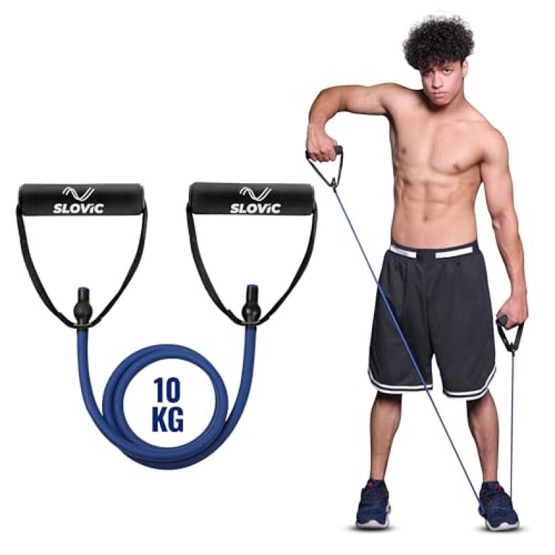 Slovic Resistance Tube (1 Year Warranty) With 30+ Exercise E-Guide & Foam Handle, Suitable For Home And Gym For Men And Women, Multipurpose Resistance Tube Band (Blue = 10Kg)