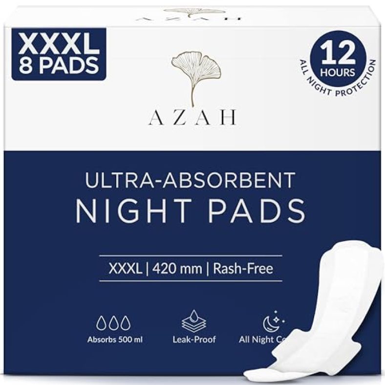 Azah Xxxl Night Pads For Heavy Flow (8 Pads) | Overnight Protection | 420 Mm Long And Wide Back | 3X More Absorption And No Leaks | Rash-Free, Odour-Free, And Non-Toxic