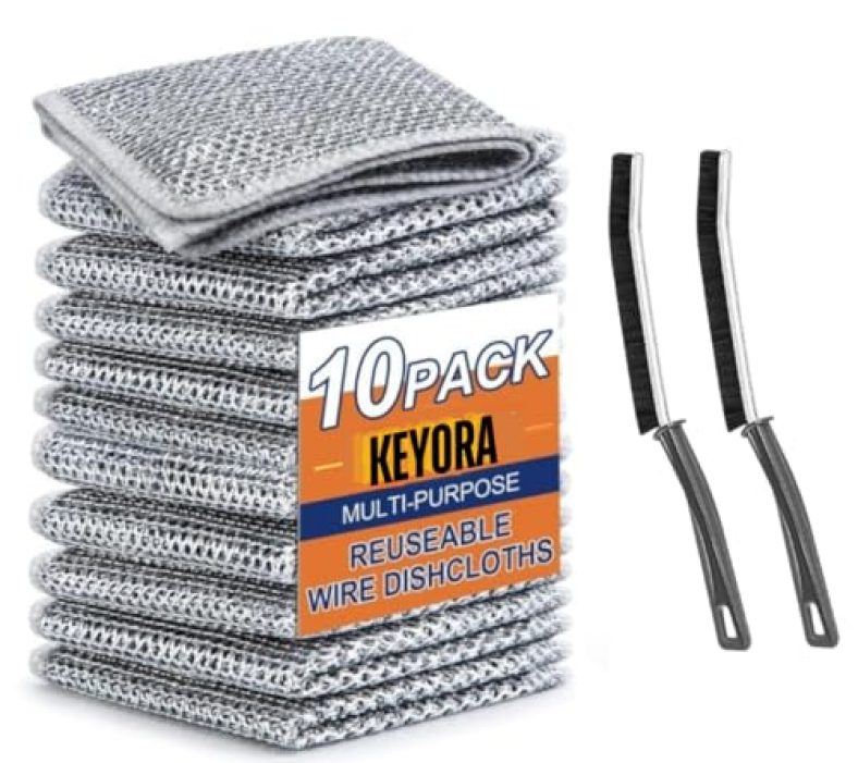 Keyora Pack Of 10 Non Scratch Wire Dish Scrub Kitchen Cloth Scrubber For Cleaning,Mesh Cloth Scrub For Washing Utensils, Dishwashing Metal Steel Rag Clothes For Dishwash With Free 2 Gap Cleaning Brush
