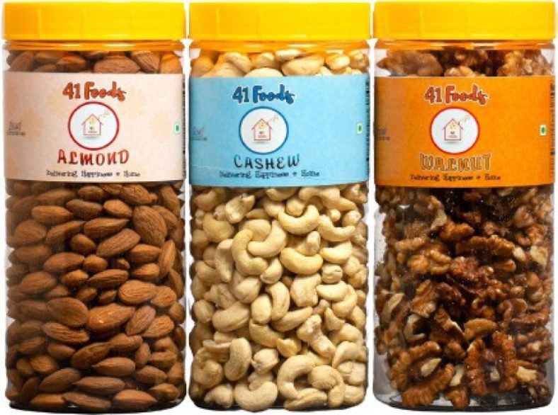 41 Foods Dry Fruits Combo Pack Of Cashews Almonds Walnuts | Akhrot Kaju Badam 750 Gm Almonds, Walnuts, Cashews(3 X 250 G)