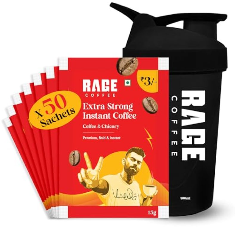 Rage Coffee Extra Strong Premium Blend Coffee Sachets – (Pack Of 50) | Premium, Bold & Instant | Makes 50 Cups | Instant Coffee Sachets & Chicory- 100% Arabica Beans For Hot & Cold Coffee Powder + Multi-Purpose Shaker 400 Ml