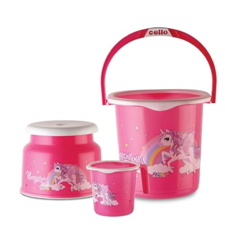 Cello Kidzbee Unicorn Splash Bathroom Set | Sturdy And Durable | Lightweight And Rigid | Easy To Clean And Attractive Design | Pink, Set Of 3