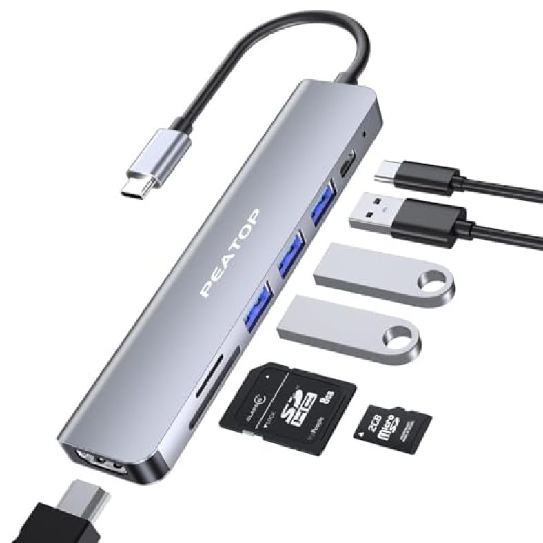 Peatop 7 In 1 Usb Hub 3.0 For Type-C Port, With 4K Hdmi To Type C Usb C Hub, Tf/Sd Card Reader,Compatible With All Type C Devices Laptop Ipad Iphone Macbook Laptop, Pc (Aluminum Gray)