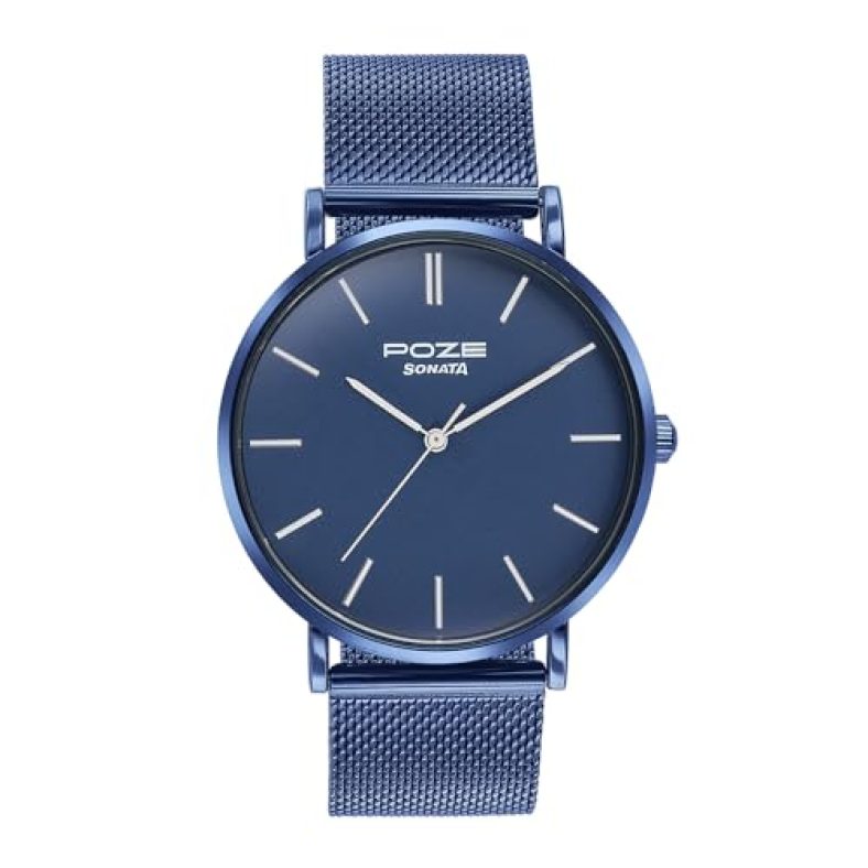 Sonata Poze Quartz Blue Dial Blue Metal Strap For Men-Sp70034Qm02W