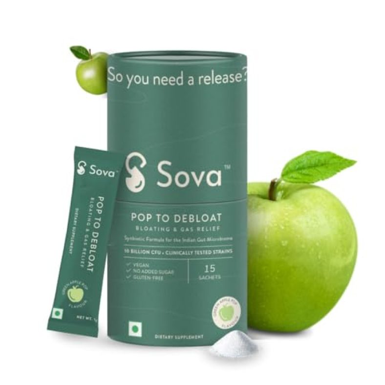 Sova Pop To Debloat Powder For Healthy Digestion With 10 Billion Cfus | Prevent Gassiness, Bloating & Discomfort | Clinically Researched Prebiotics, Probiotics & Digestive Enzymes | 15 Vegan Sachets