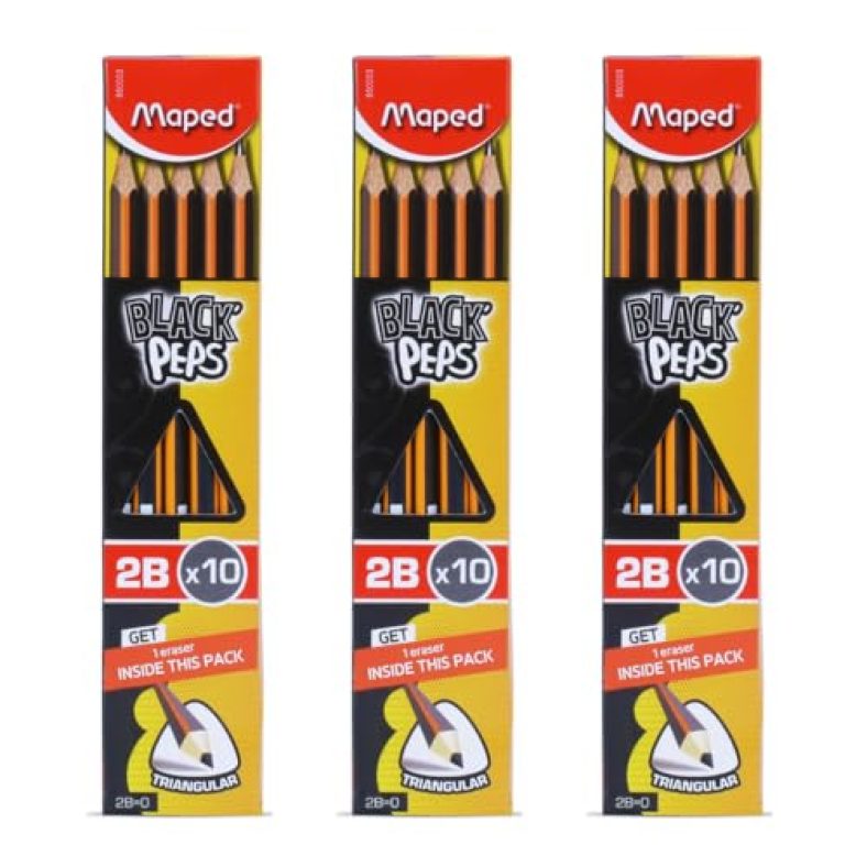 Maped 2B Pencil Set Of 3 X 10Pcs |Writing Pencils|30 2B Graphite Pencils + 3 Erasers Free Inside |Soft And Extra Dark | Triangular Shape For Easy Grip| Fine Wood Pencils | Graphite Pencils
