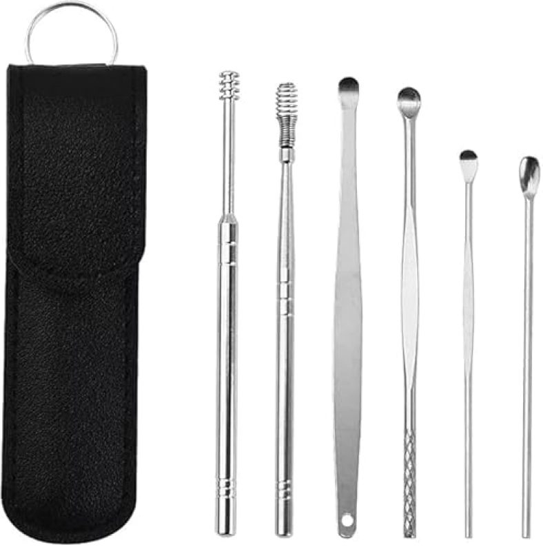 Innovista Leather Pouch Ear Wax Cleaner (6 Pc) Reusable Ear Wax Cleaner Kit Without Flashlight – Steel Ear Cleansing Tool Set, Spiral Ear Curette With Cleaning Brush For Kids, Men, And Women Pack Of 1