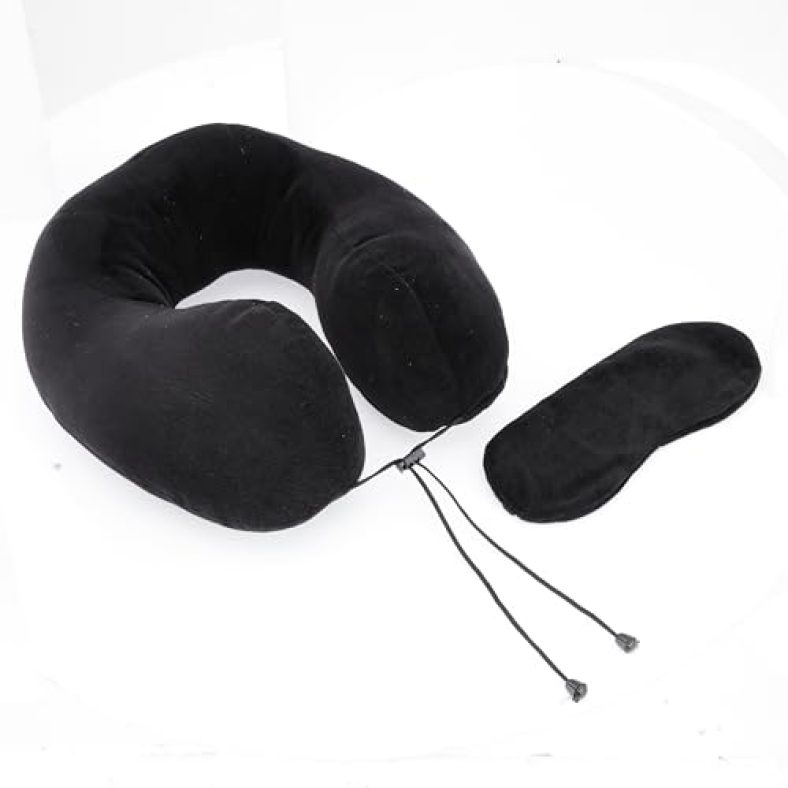 Amazon Basics Premium Travel Neck Pillow + Sleeping Eye Mask Combo L Comfortable | Soft Velvet Fabric I Black