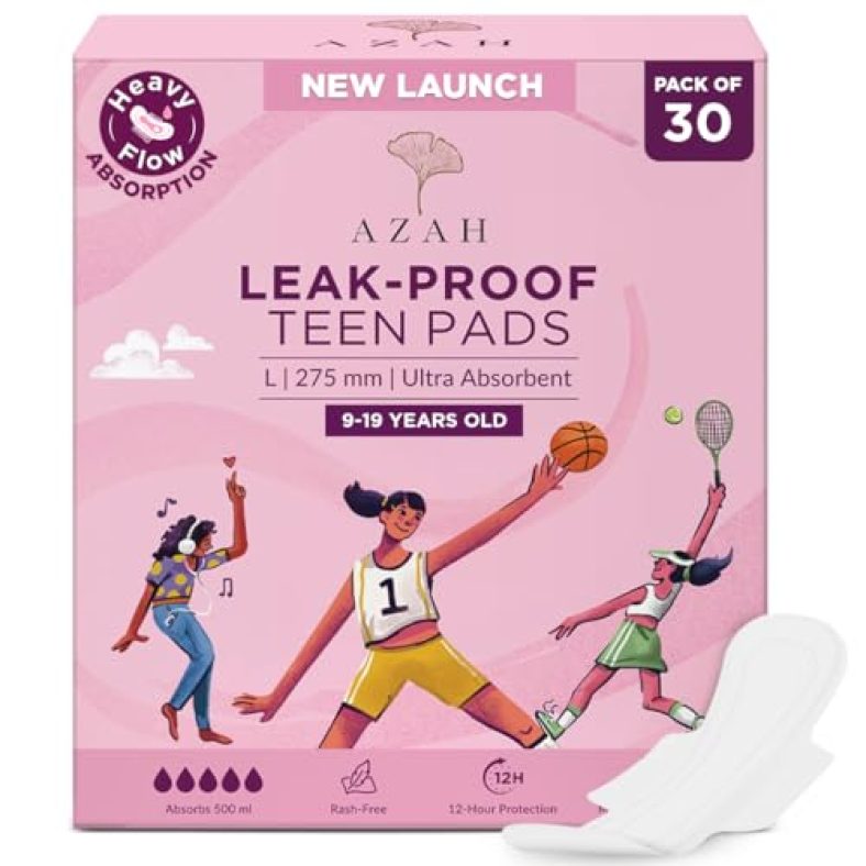 Azah Sanitary Pads For Teen Large [Pack Of 30] | Ultra Absorbent Sanitary Pads For Teenage Girls | 275 Mm Long Sanitary Pads For Girls | 100% Rash-Free & Cottony Soft | 12 Hrs Leakproof Protection |
