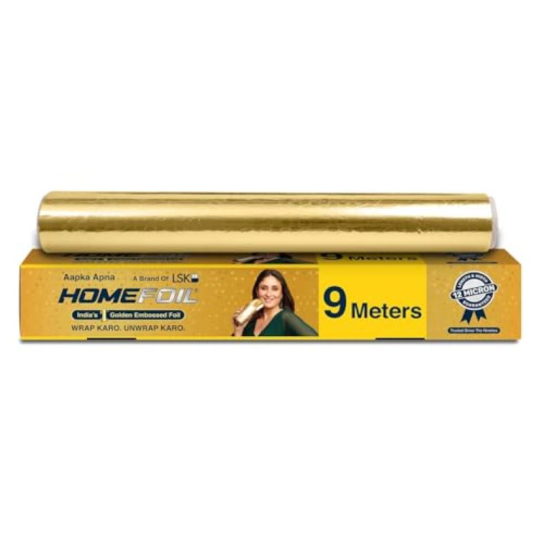 Homefoil 9 Meter Golden Embossed Aluminium Foil | 12 Micron Thickness | Premium Quality | Keeps Food Fresh Always | Perfect For Food Wrapping, Packing, Storing And Serving (Pack Of 1)