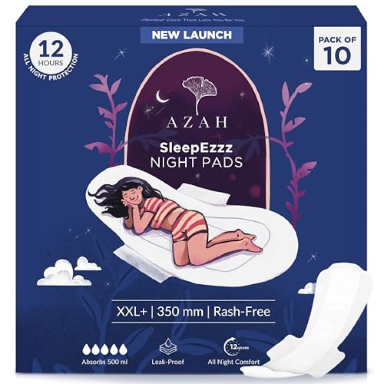 Azah Xxl+ Sanitary Napkins For Women [Pack Of 10] | 350Mm Large Night Pads | Cottony Soft Sanitary Pads For Women | Xxl+ Pads For Women | Leak Proof For Overnight Protection | Extra Long & Wide Back