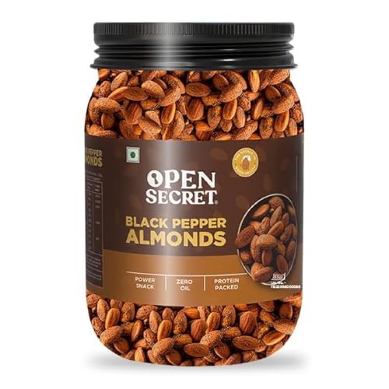 Open Secret Premium Roasted Black Pepper Almonds | 1 Kg | Dry Fruits, Badam, Almonds 1Kg, Nuts And Dry Fruits, Roasted Almonds, Diwali Gifts, Nutritious, Crunchy & Delicious Snacks (Pack Of 1)