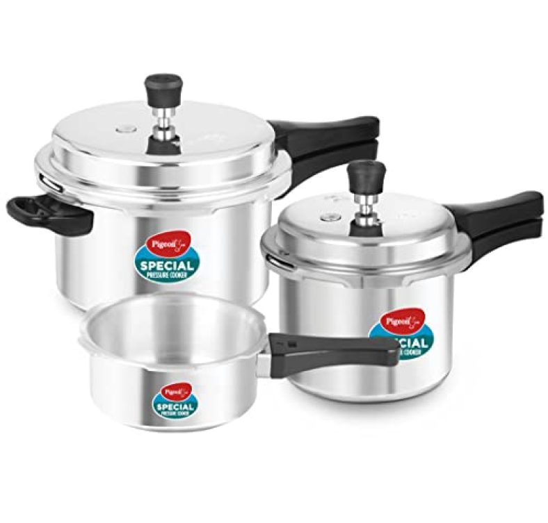 Pigeon By Stovekraft Special Aluminium Pressure Cooker Combo With Outer Lid Gas Stove Compatible 2, 3, 5 Litre Capacity For Healthy Cooking (Silver)