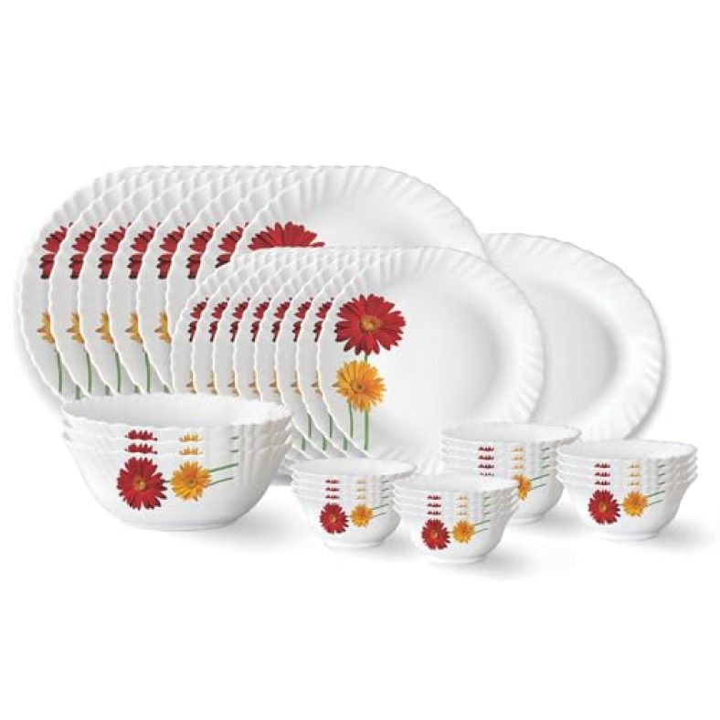 Larah By Borosil Zinnia Fluted Series Opalware Dinner Set | 36 Pieces For Family Of 8 | Microwave & Dishwasher Safe | Bone-Ash Free | Crockery Set For Dining & Gifting | Plates & Bowls | White