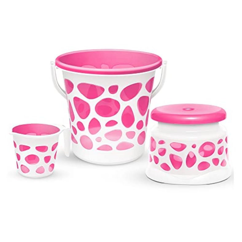 Milton Plastic Duplex Spa 3 Piece Set, Pink | 25 Litres Bucket With Mug & Stool | Bathroom Accessory Set