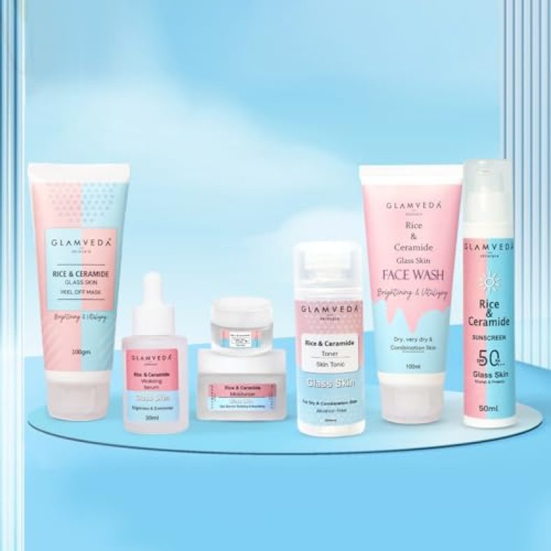 Glamveda Korean Glass Skin Rice & Ceramide 7 Step Weekly Skincare Routine For Women With Gift Box | Face Wash, Peel Off Mask, Toner, Serum, Under Eye Cream, Moisturizer & Sunscreen