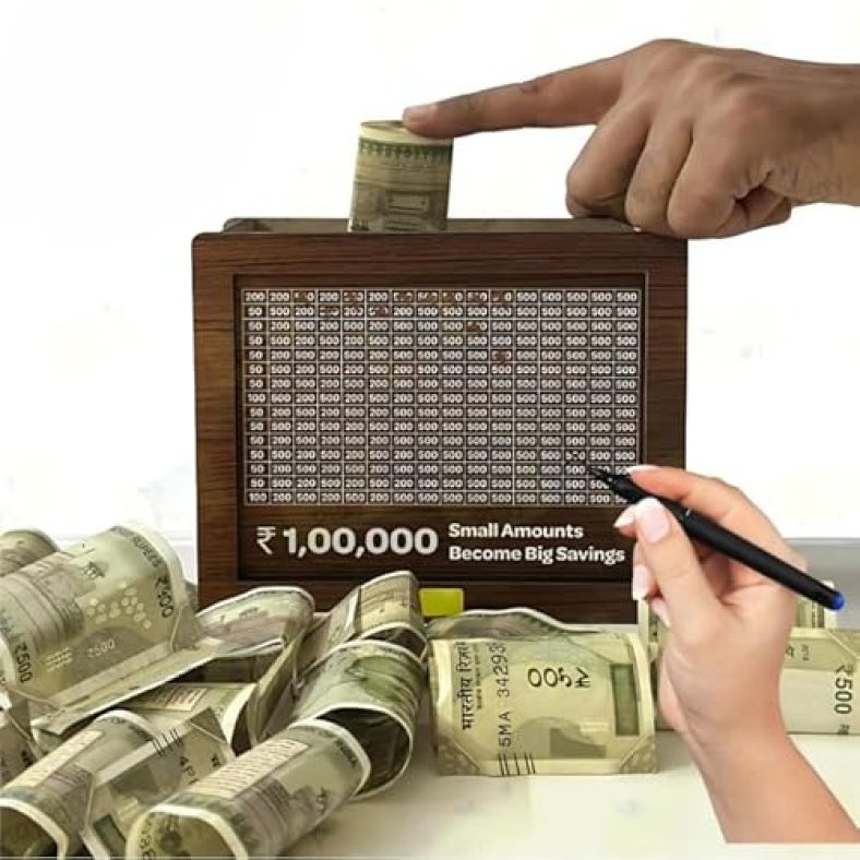 Perpetual Wooden Money Piggy Bank, Money Saving Box, Gullak With Savings Chart, 100000 Rupees Goal Tracker, Cash Collection Bank For Kids And Adults(1Pc)