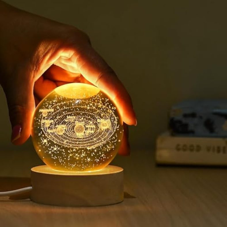 Nexttech 3D Galaxy Crystal Ball Night Light – Warm White Led Lamp With Usb Wooden Base – Engraved Crystal Globe For Home Office Decor Birthday Gift For Men & Women (Solar System)