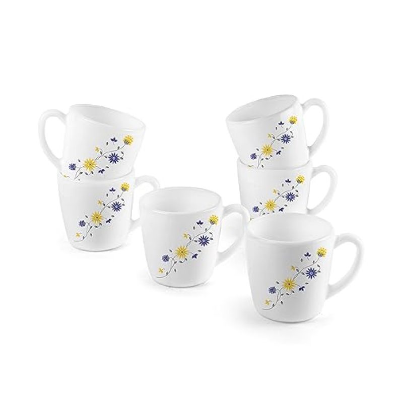 Cello Ricca Mug 6 Pcs Set | Cups For Tea,Coffee,Espressoc| Thermal Resistant | Light Weight | Ideal Gifting Option | Blooming Daisy | 100Ml