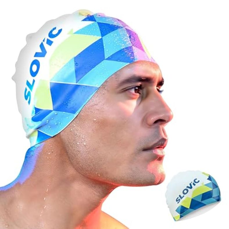 Slovic Swimming Cap For Men & Women [White Pattern] | Swimming Caps For Women With Long Hair | Swimming Accessories For Men | Unisex & Waterproof Silicon Cap To Prevent Chemical Damage | Free Size