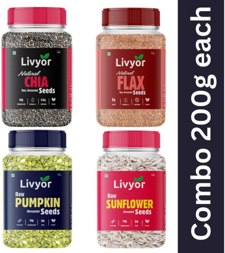 Livyor Raw Chia, Flax, Pumpkin, Sunflower Combo For Weight Loss Mix Seeds For Eating Chia Seeds, Brown Flax Seeds, Pumpkin Seeds, Sunflower Seeds(800 G, Pack Of 4)