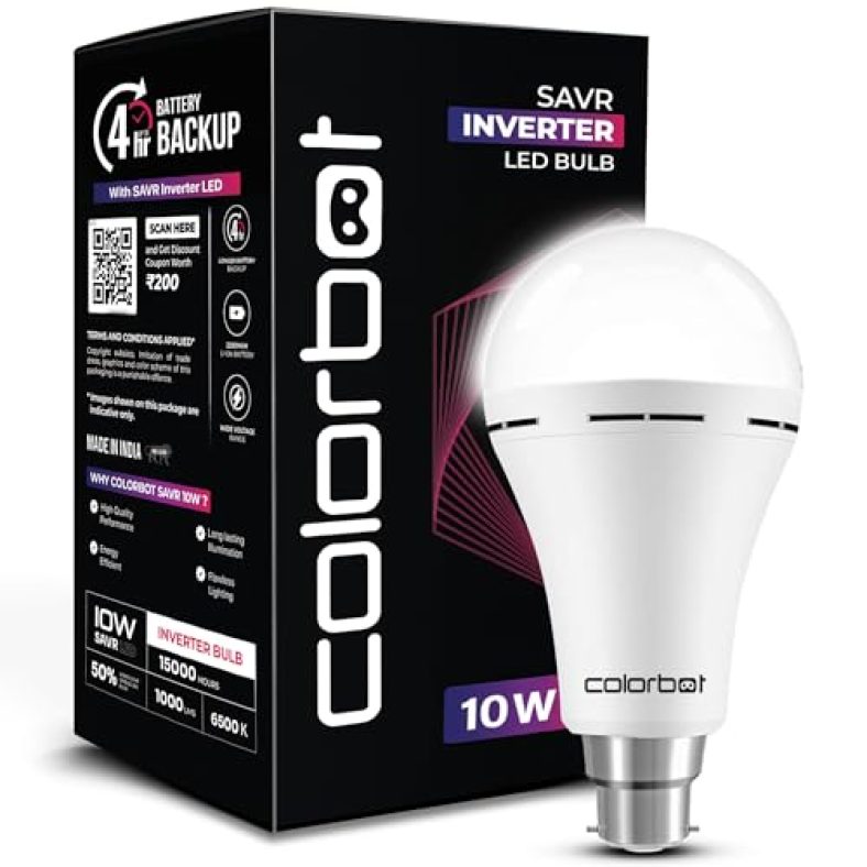 Colorbot 10W Emergency Inverter Rechargeable Led Bulb For Power Cut | 4 Hour Battery Backup | B22D | Cool Day Light (6500K) | Li-Ion Battery Inside (Pack Of 1)