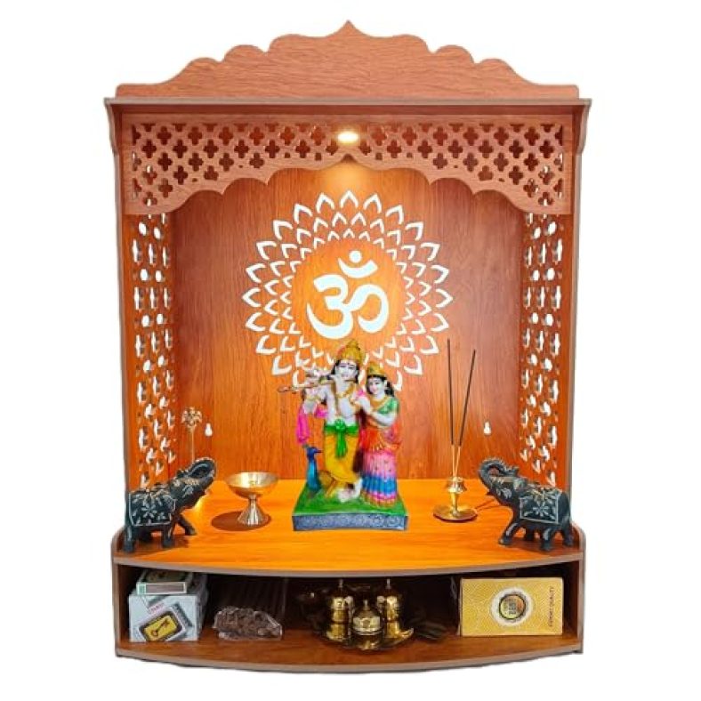 Devson™ Premium Wooden Temple | Wooden Pooja Mandir For Home And Office Use With Led Spot Light | Wooden Mandir With Storage Shelves | (Size – H 25 X L 18.5 X W 12 Inch) Sai18