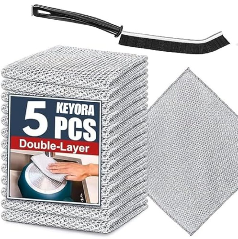 Keyora Pack Of 5 Non-Scratch Wire Dish Scrub, Kitchen Scrubber Cloth For Cleaning Washing Utensils, Dishwashing Metal Mesh Rag Clothes For Home Stainless Steel Items With Free 1 Gap Cleaning Brush