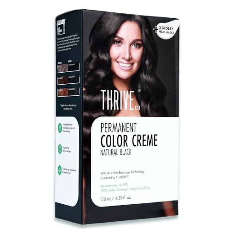 Thriveco Crème Permanent Black Hair Color | 100% Grey Coverage | Hyaplex™️ Bond-Building Technology | Long-Lasting, Damage-Free Color | Ammonia-Free | Nourishing & Anti-Aging Formula, Men & Women ,130 Ml