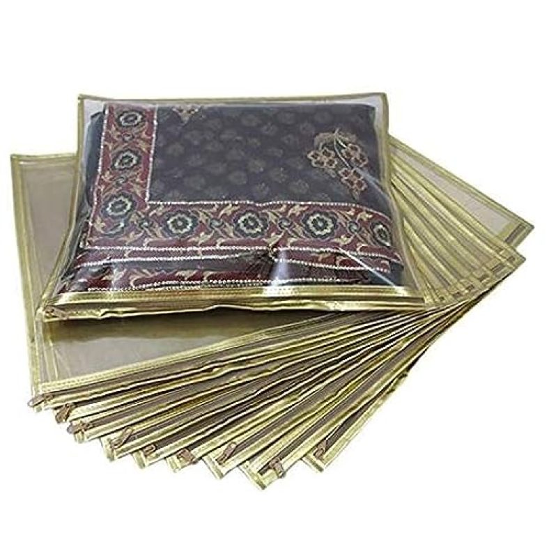 Homfil Brand – Laxis Non-Woven Single Saree Bags Golden Colour, Transparent Saree Covers With Zip, Saree Covers For Storage, Wardrobe Organiser, Size-36X42X2Cm (Pack Of 10)