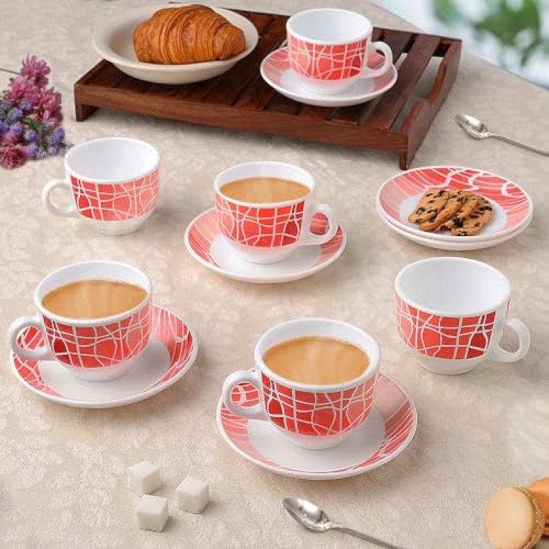 Larah By Borosil Flamingo Opalware Cup And Saucer Set Of 12 Pcs | Tea/Coffee Cups 220 Ml | Microwave & Dishwasher Safe | Bone-Ash Free | Crockery Set Ideal For Daily Use & Gifting, White