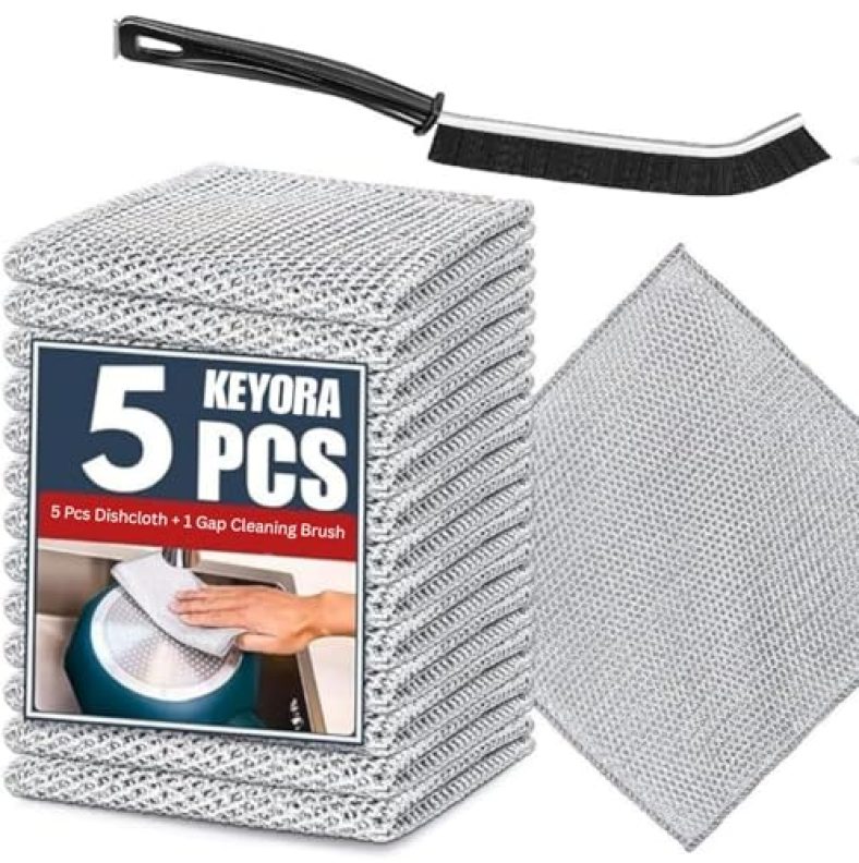 Keyora Pack Of 5 Non-Scratch Wire Dish Scrub, Kitchen Scrubber Cloth For Cleaning Washing Utensils, Dishwashing Metal Mesh Rag Clothes For Home Stainless Steel Items With Free 1 Gap Cleaning Brush