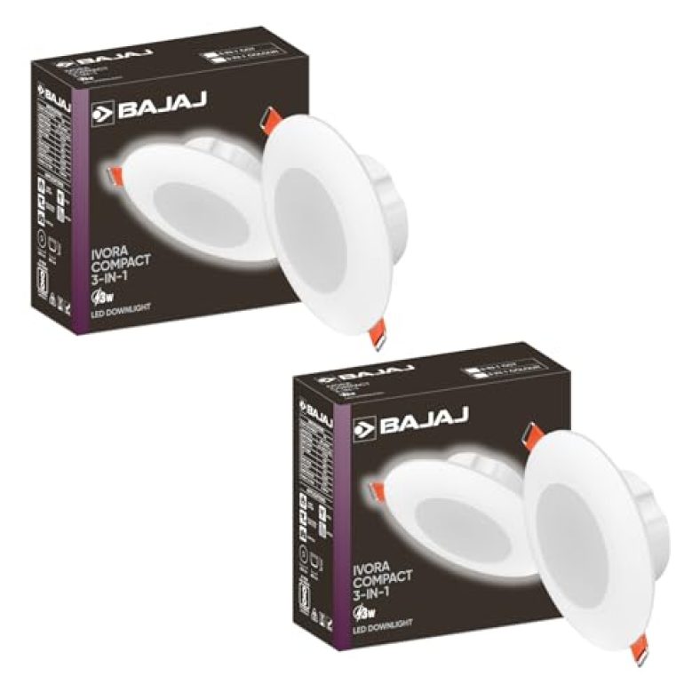 Bajaj Ivora Compact Downlight 3-In-1 Cct | 3W Led Downlight | For Smaller Spaces | Long Life Of 25000 Hours (Multi Cct, Pack Of 2)