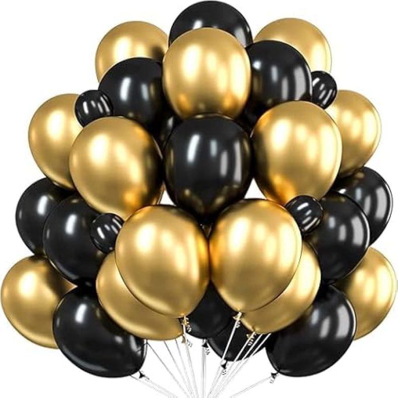 Pulgos 50Pcs For Birthday Decoration Items, Anniversary, Baby Shower, Bachelorette Decorations. Metallic Chrome Balloons For Decorations(Black & Golden)