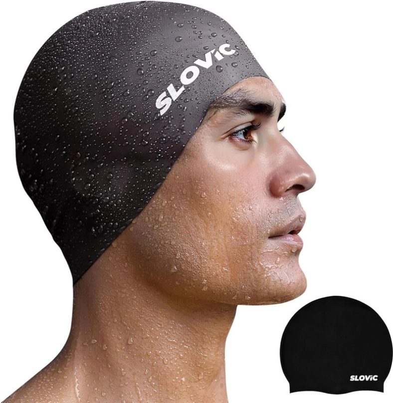 Slovic Leak Proof | Protects Hair From Chemical Damage | Premium Quality Silicone | Men Swimming Cap(Black, Pack Of 1)
