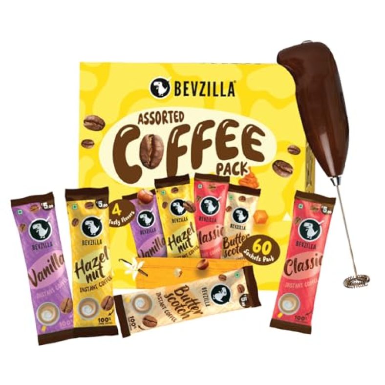 Bevzilla 60 Flavoured Coffee Sachets With Frother (60X2 Gram) | 15 Pouch Each Flavour | Hazelnut,Vanilla,Classic & Butterscotch | Cafe Coffee Kit