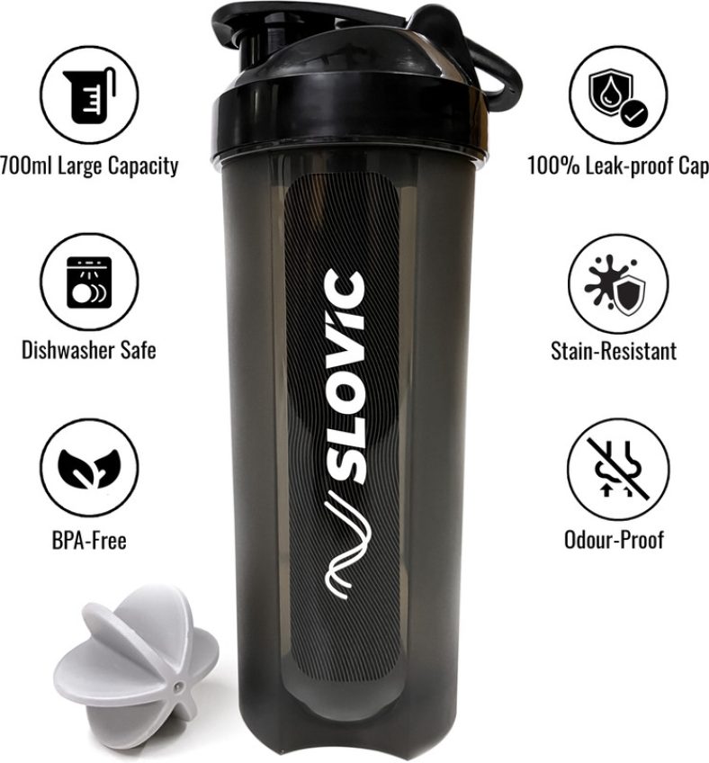 Slovic Leak-Proof Gym | Protein With Typhoon Blender | Bpa-Free 700 Ml Shaker(Pack Of 1, Black, Plastic)